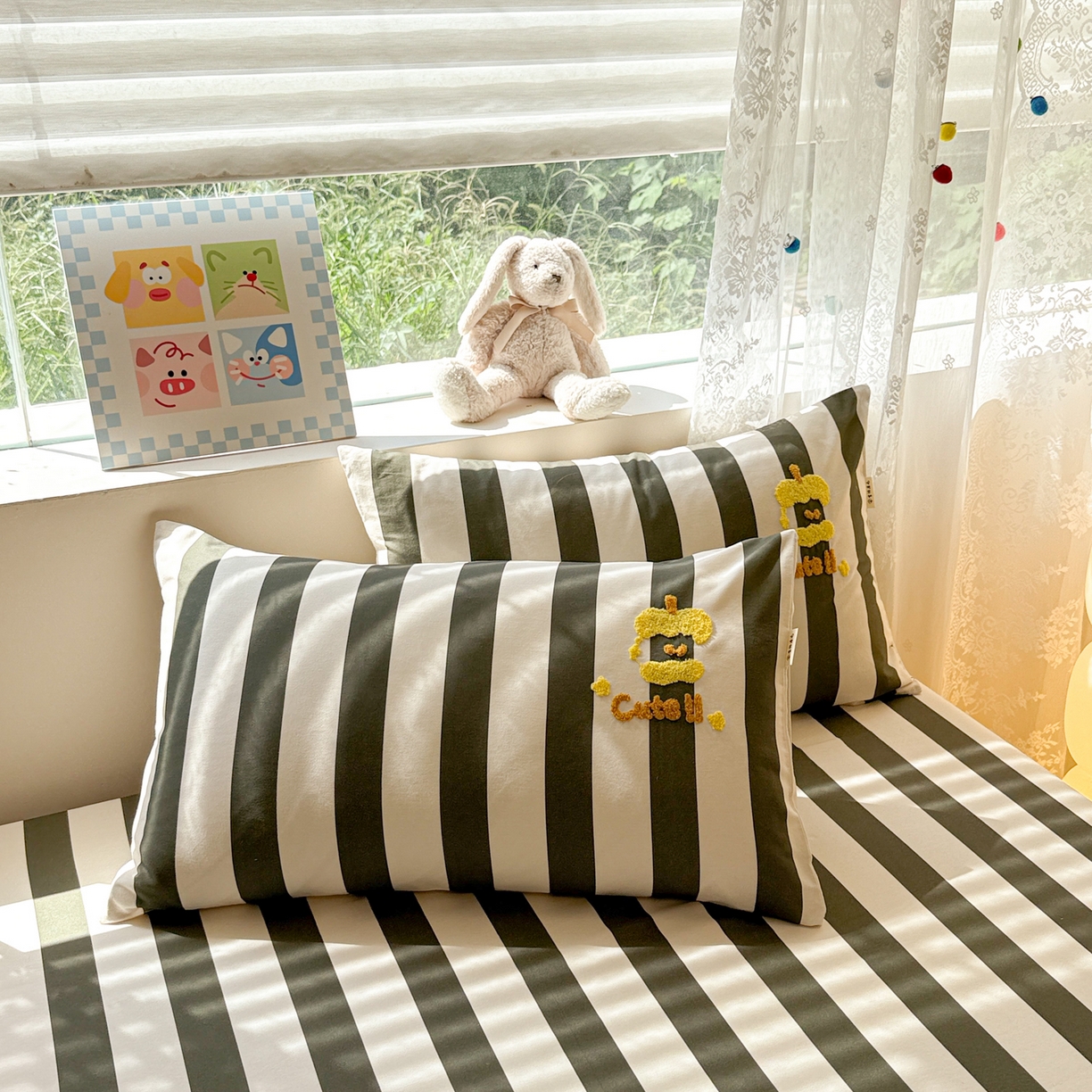 91家纺网 家纺一手货源 找家纺 沐辰 2025新款A类全棉磨毛绣花单品床单床笠 星星人条纹-床单