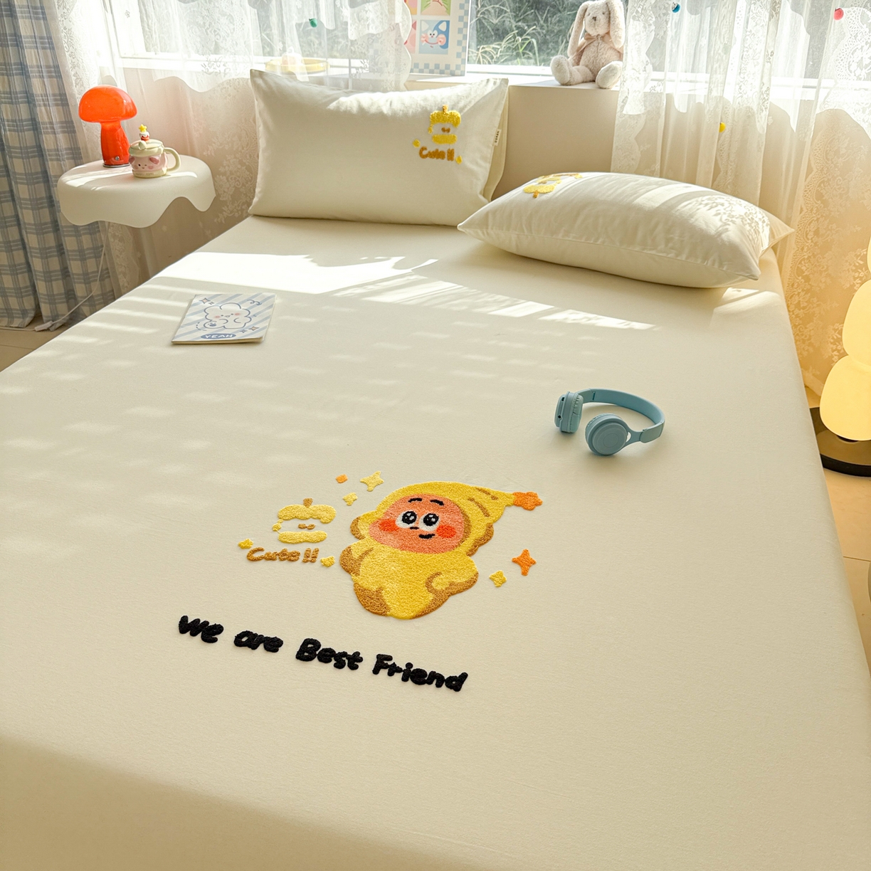 91家纺网 家纺一手货源 找家纺 沐辰 2025新款A类全棉磨毛绣花单品床单床笠 星星人米白-床笠