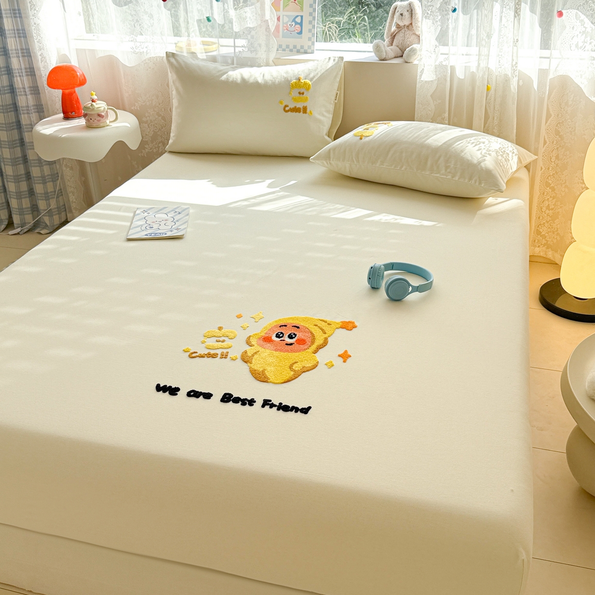 91家纺网 家纺一手货源 找家纺 沐辰 2025新款A类全棉磨毛绣花单品床单床笠 星星人米白-床笠