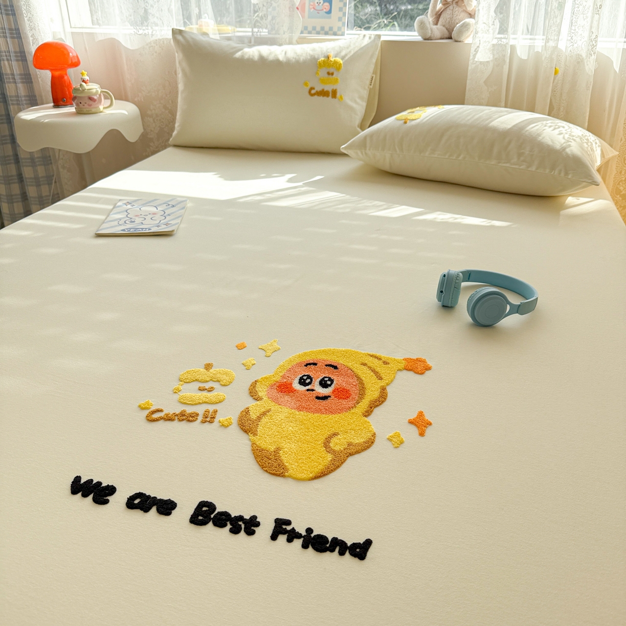 91家纺网 家纺一手货源 找家纺 沐辰 2025新款A类全棉磨毛绣花单品床单床笠 星星人米白-床笠