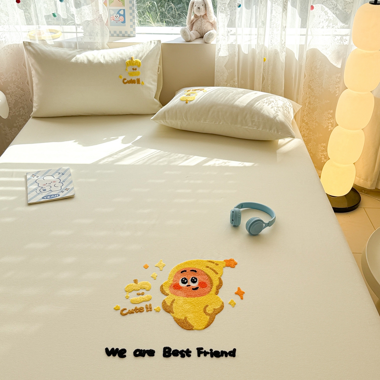 91家纺网 家纺一手货源 找家纺 沐辰 2025新款A类全棉磨毛绣花单品床单床笠 星星人米白-床笠