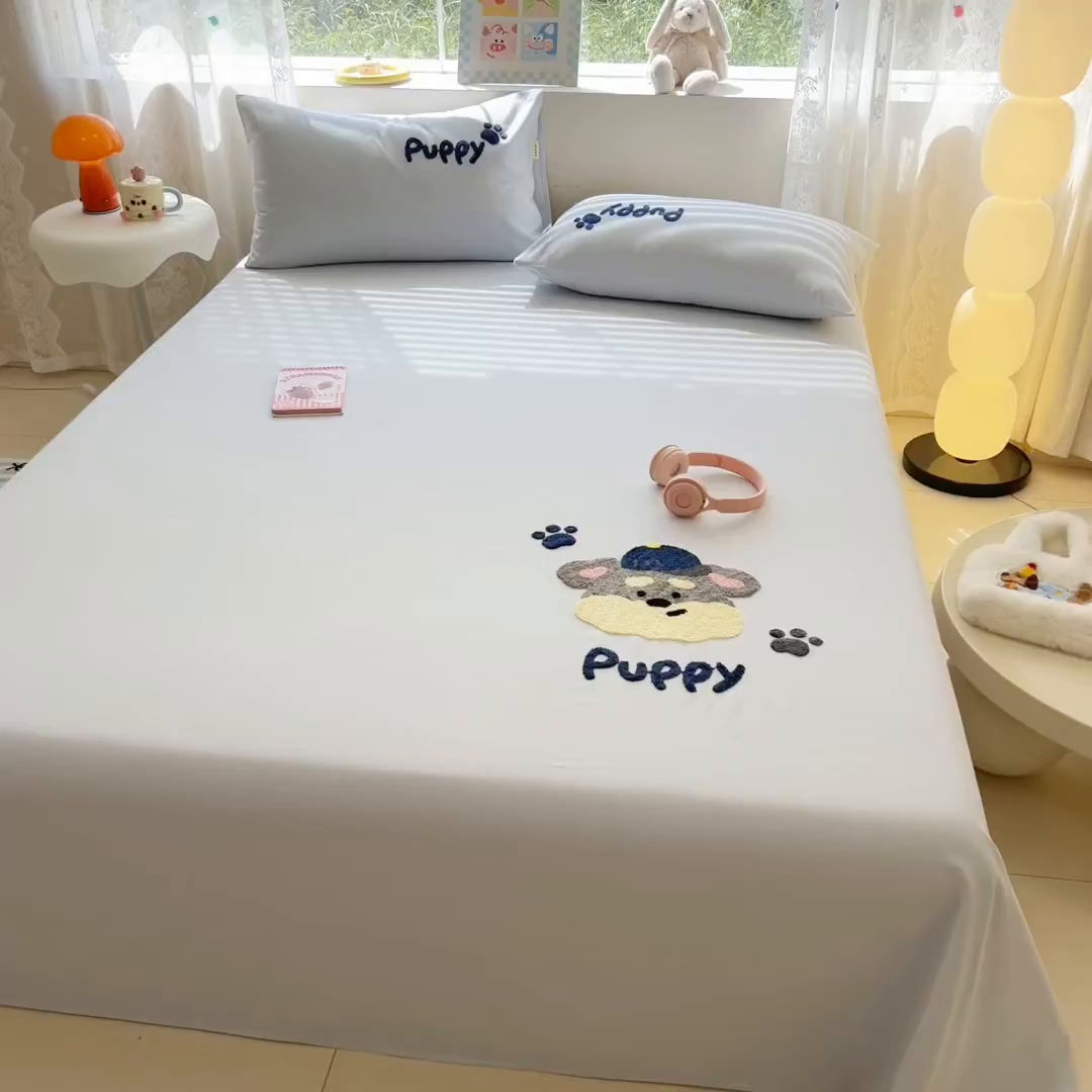 91家纺网 家纺一手货源 找家纺 沐辰 2025新款A类全棉磨毛绣花单品床单床笠 邮差小狗-床单