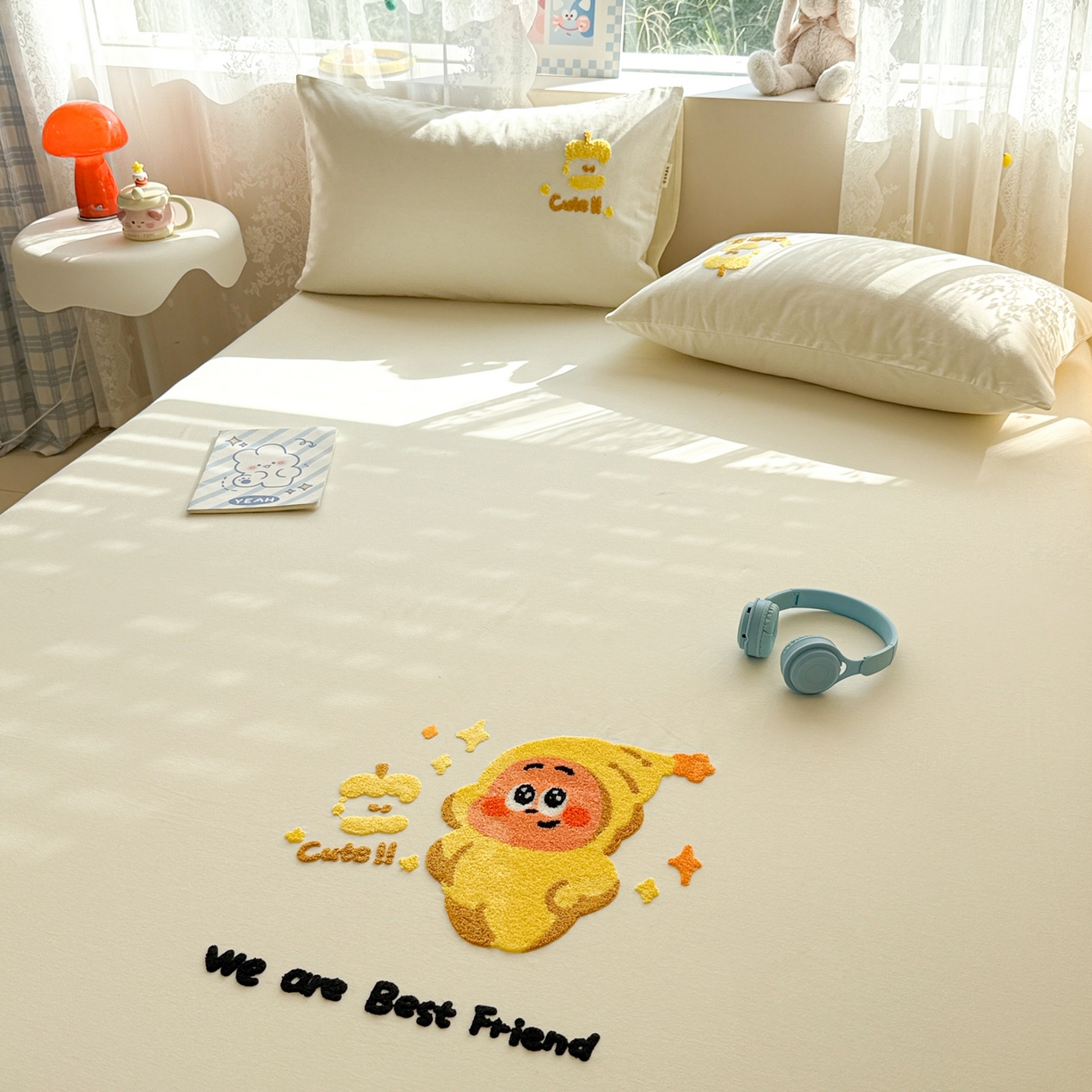 91家纺网 家纺一手货源 找家纺 沐辰 2025新款A类全棉磨毛绣花单品床单床笠 星星人米白-床笠