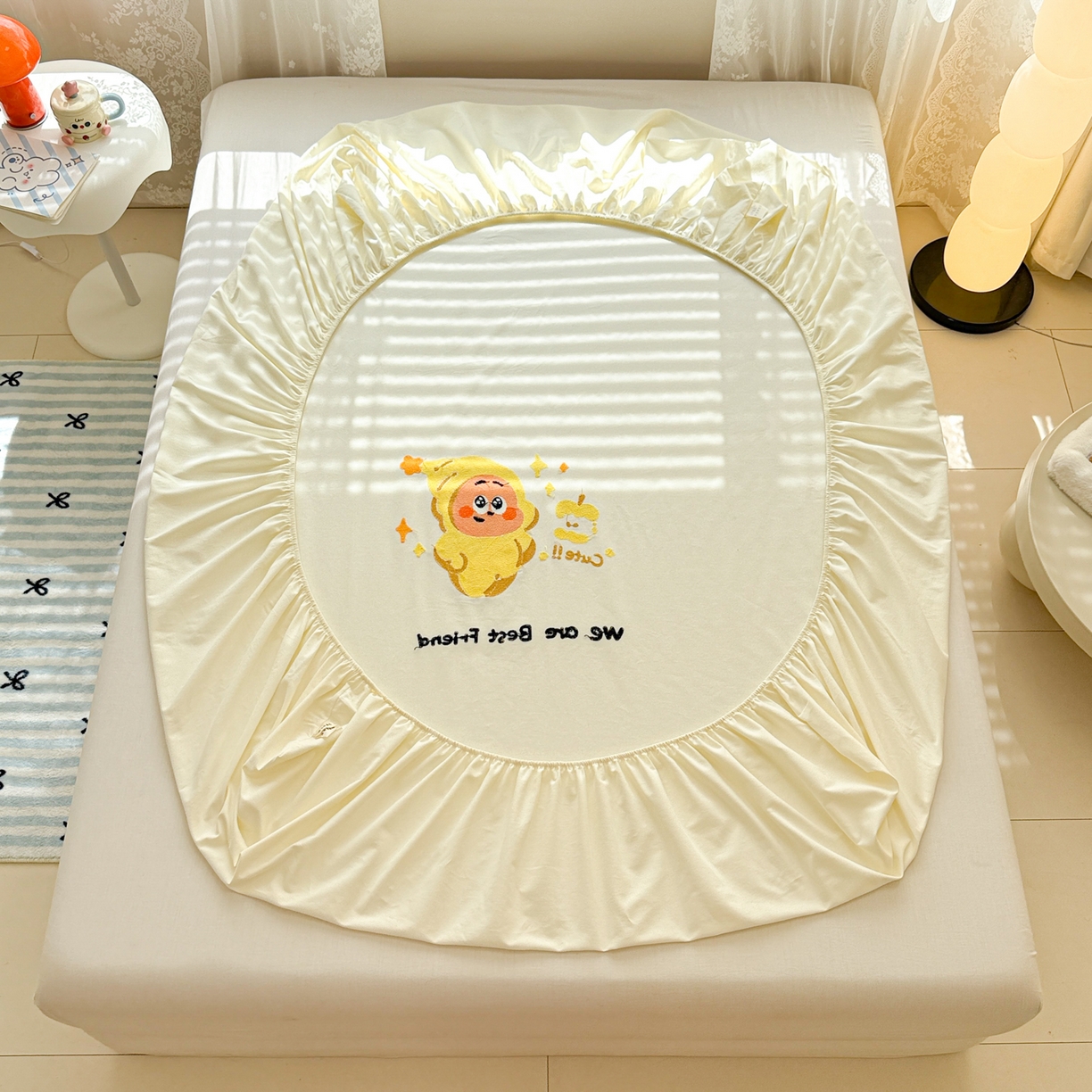 91家纺网 家纺一手货源 找家纺 沐辰 2025新款A类全棉磨毛绣花单品床单床笠 星星人米白-床笠