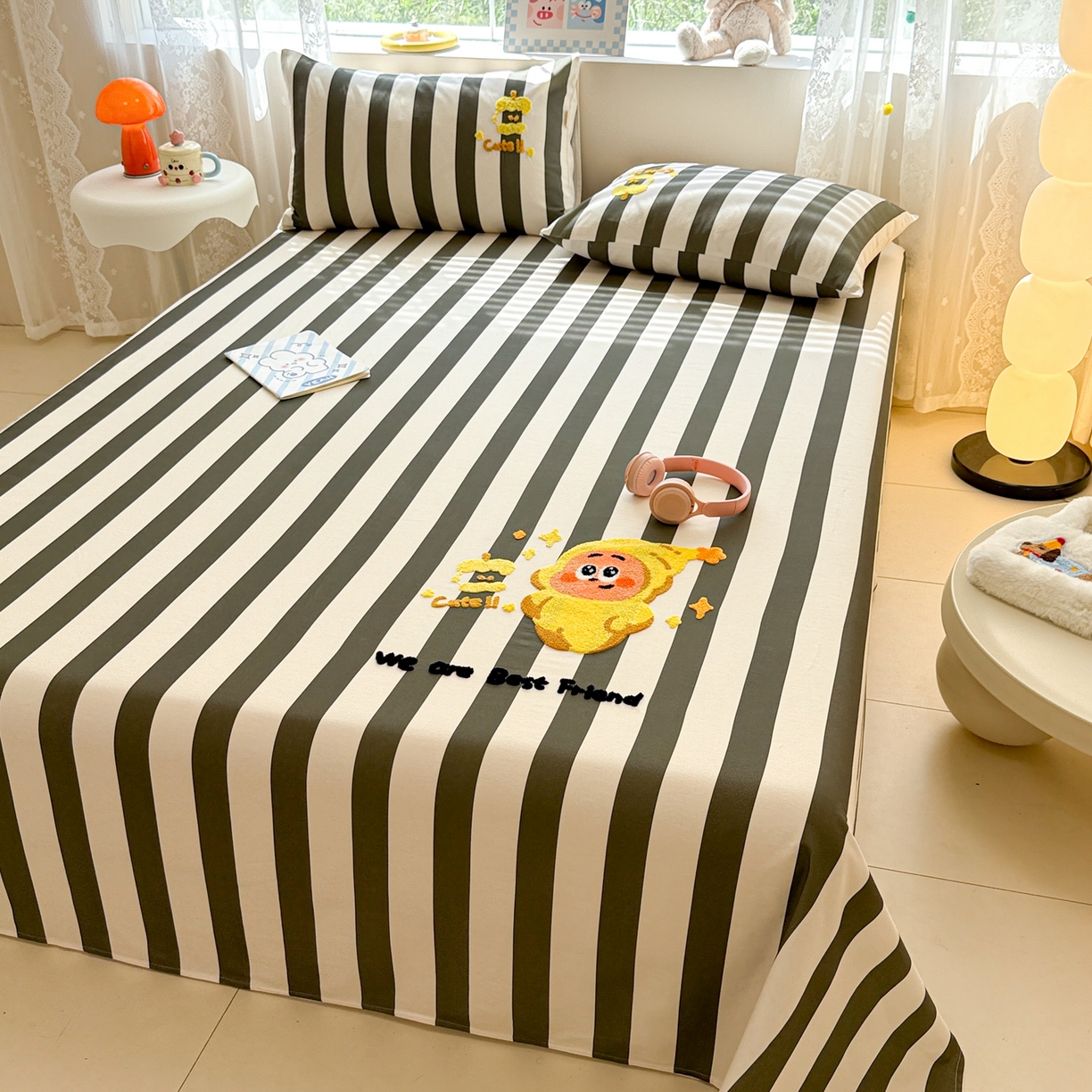 91家纺网 家纺一手货源 找家纺 沐辰 2025新款A类全棉磨毛绣花单品床单床笠 星星人条纹-床单