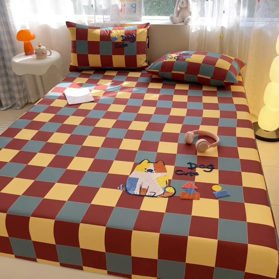 91家纺网 家纺一手货源 找家纺 沐辰 2025新款A类全棉磨毛绣花单品床单床笠 撞色狗狗-床笠