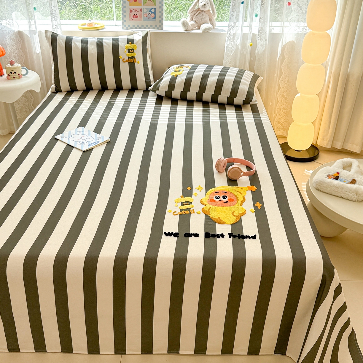 91家纺网 家纺一手货源 找家纺 沐辰 2025新款A类全棉磨毛绣花单品床单床笠 星星人条纹-床单