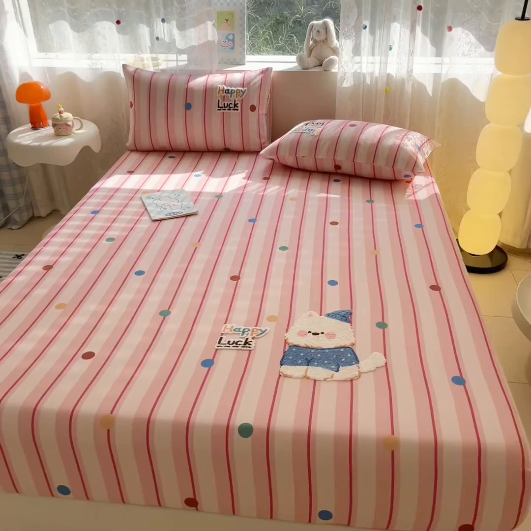 91家纺网 家纺一手货源 找家纺 沐辰 2025新款A类全棉磨毛绣花单品床单床笠 点点西高地-床笠