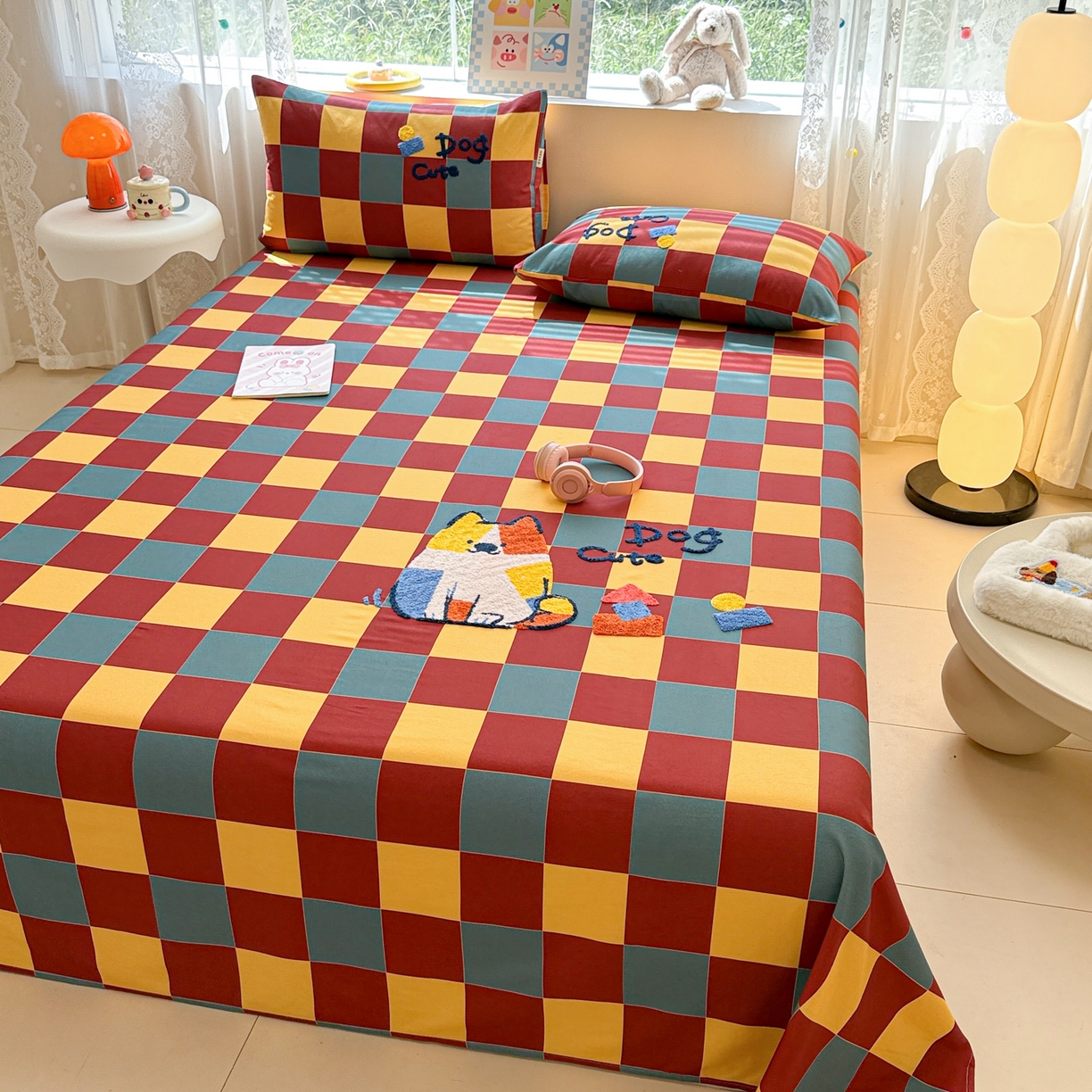 91家纺网 家纺一手货源 找家纺 沐辰 2025新款A类全棉磨毛绣花单品床单床笠 撞色狗狗-床单