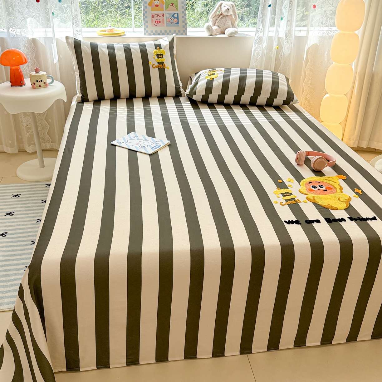 91家纺网 家纺一手货源 找家纺 沐辰 2025新款A类全棉磨毛绣花单品床单床笠 星星人条纹-床单