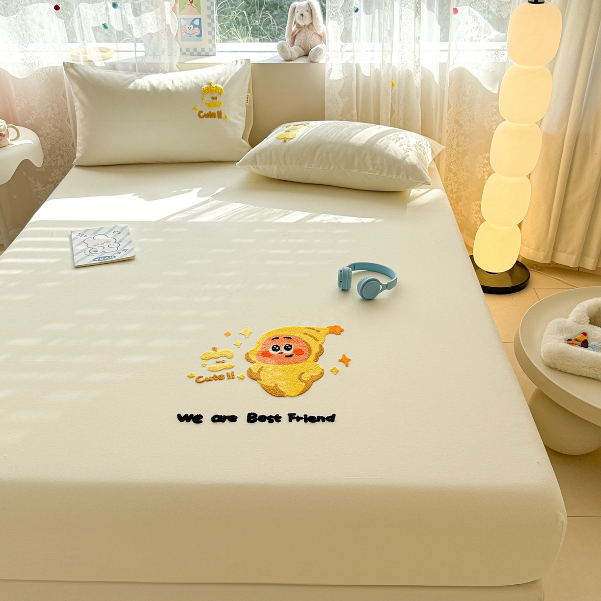 91家纺网 家纺一手货源 找家纺 沐辰 2025新款A类全棉磨毛绣花单品床单床笠 星星人米白-床笠