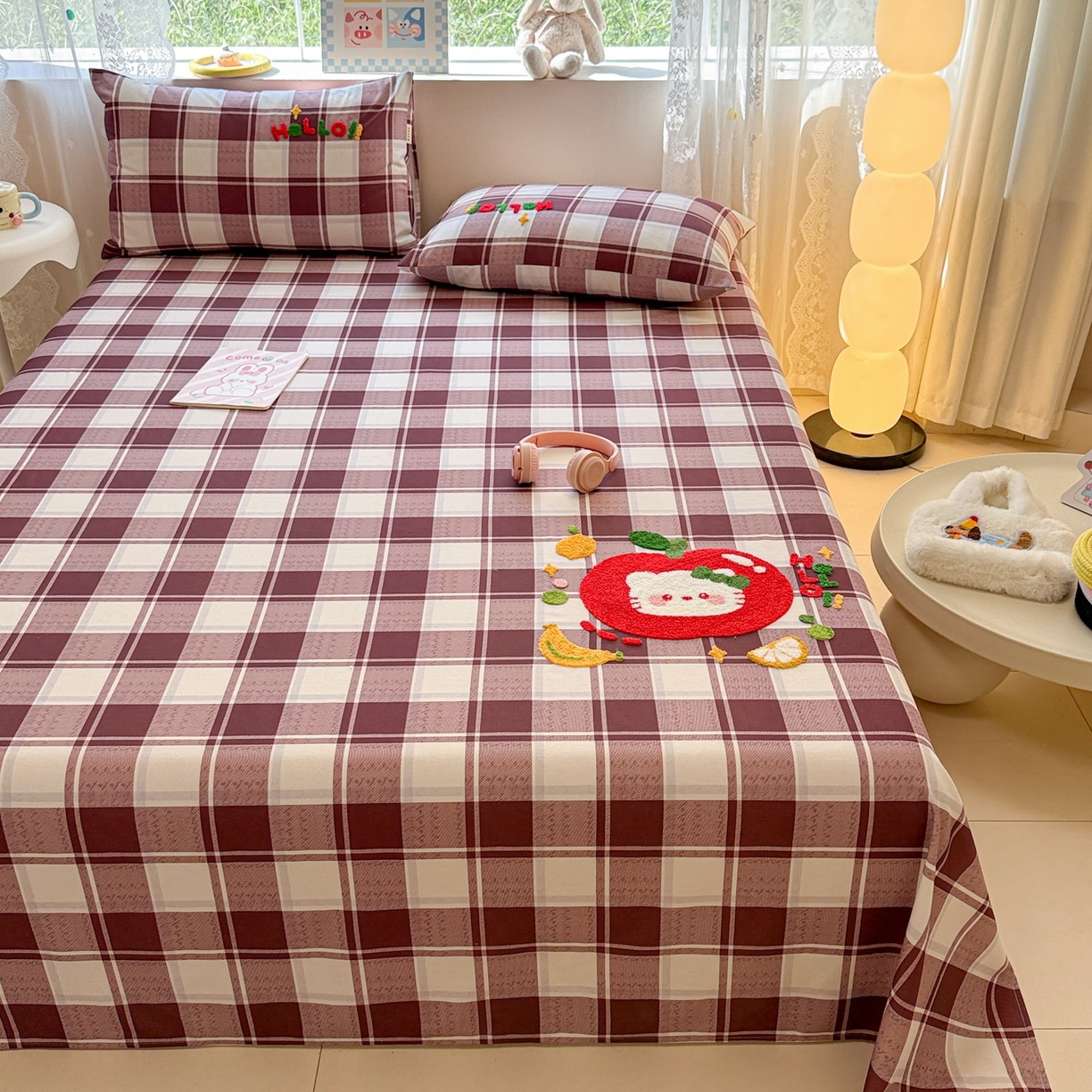 91家纺网 家纺一手货源 找家纺 沐辰 2025新款A类全棉磨毛绣花单品床单床笠 水果猫咪-床单