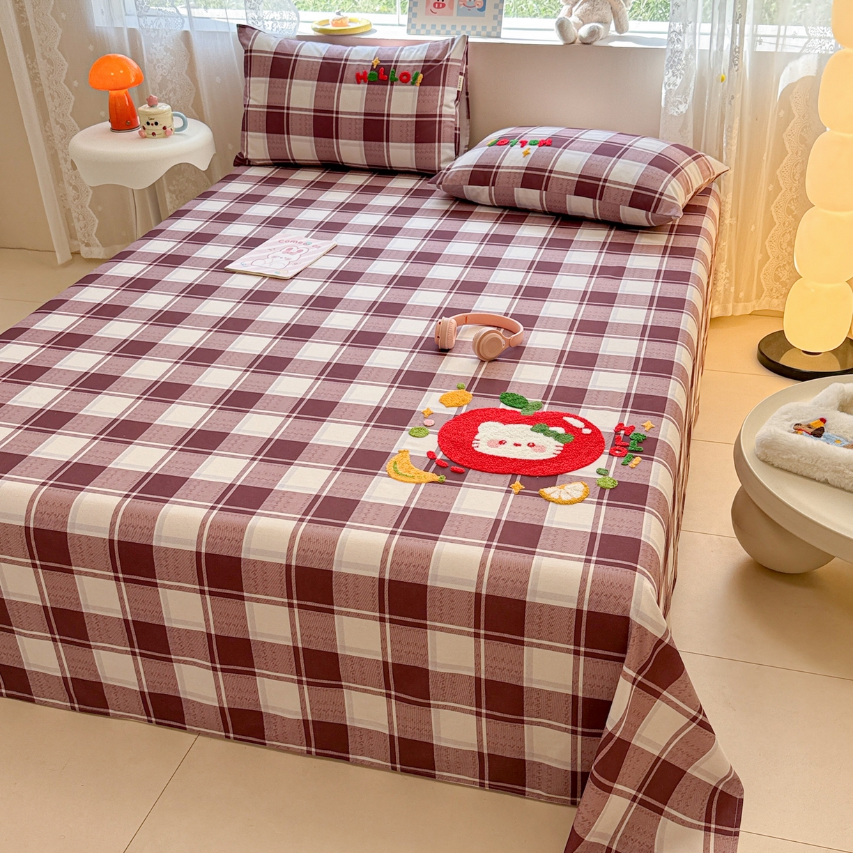 91家纺网 家纺一手货源 找家纺 沐辰 2025新款A类全棉磨毛绣花单品床单床笠 水果猫咪-床单