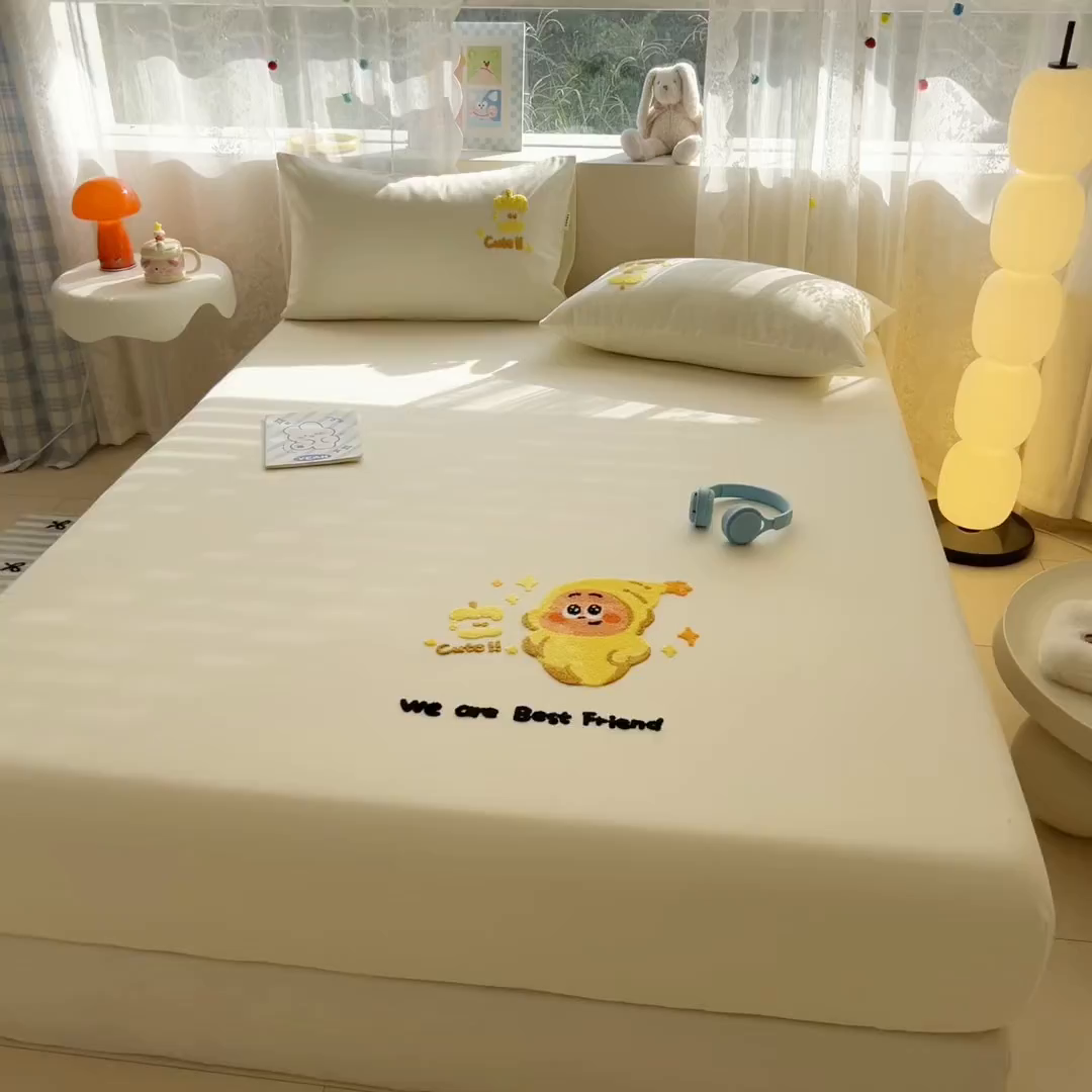 91家纺网 家纺一手货源 找家纺 沐辰 2025新款A类全棉磨毛绣花单品床单床笠 星星人米白-床笠