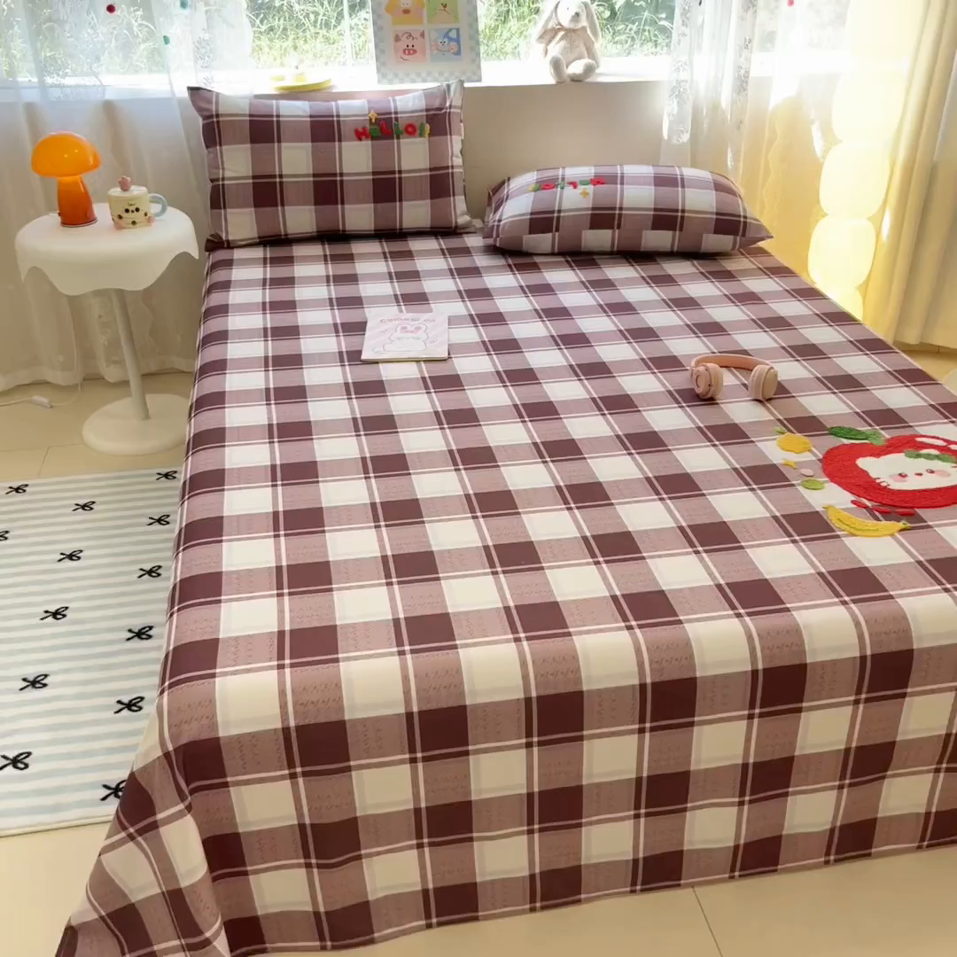 91家纺网 家纺一手货源 找家纺 沐辰 2025新款A类全棉磨毛绣花单品床单床笠 水果猫咪-床单