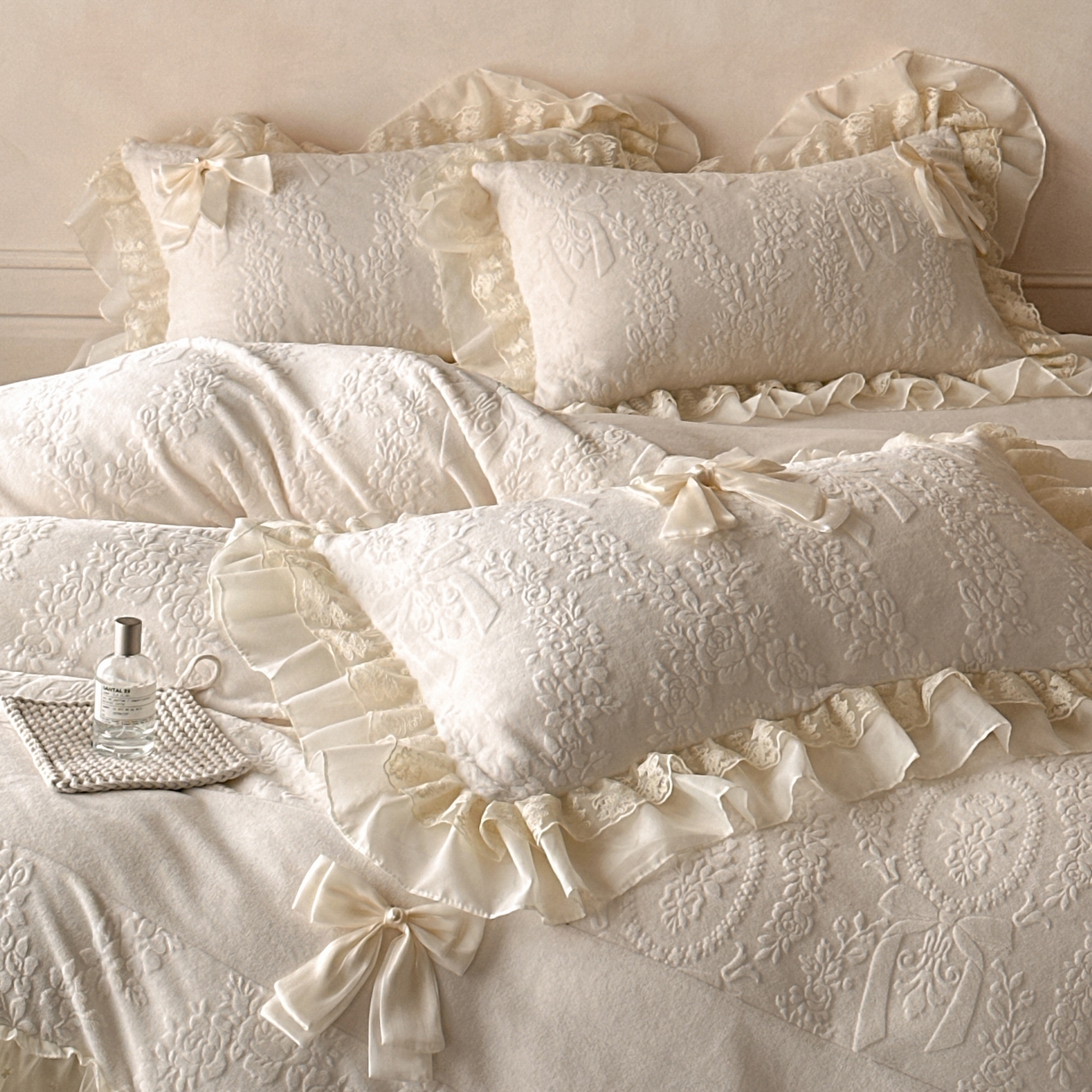 91家纺网 家纺一手货源 找家纺 （总）你好美丽 2025新款雕花牛奶绒刺绣花边蝴蝶结四件套-黛玉系列