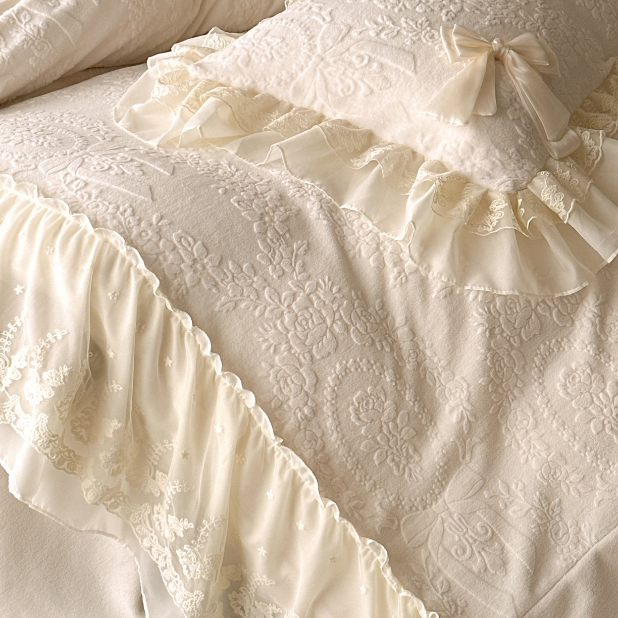 91家纺网 家纺一手货源 找家纺 你好美丽 2025新款雕花牛奶绒刺绣花边蝴蝶结四件套-黛玉系列 黛玉白