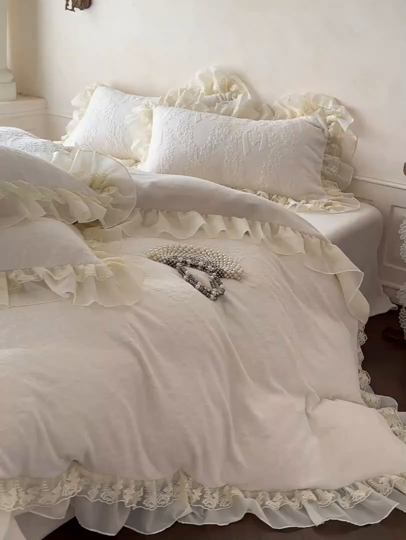 91家纺网 家纺一手货源 找家纺 （总）你好美丽 2025新款立体雕花牛奶绒双层花边四件套-玛丽系列