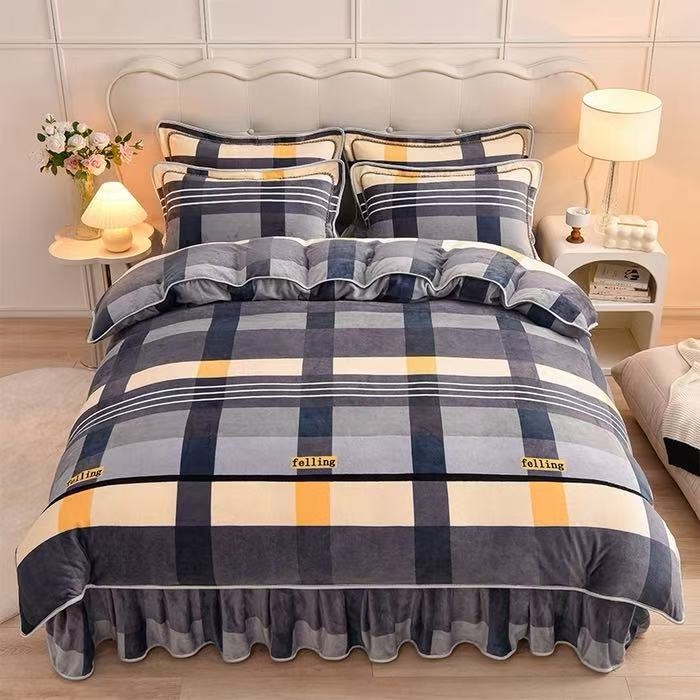 91家纺网 家纺一手货源 找家纺 （总）硕喜 2025新款新8.5斤法莱绒四件套珊瑚牛奶金貂绒四件套床裙款