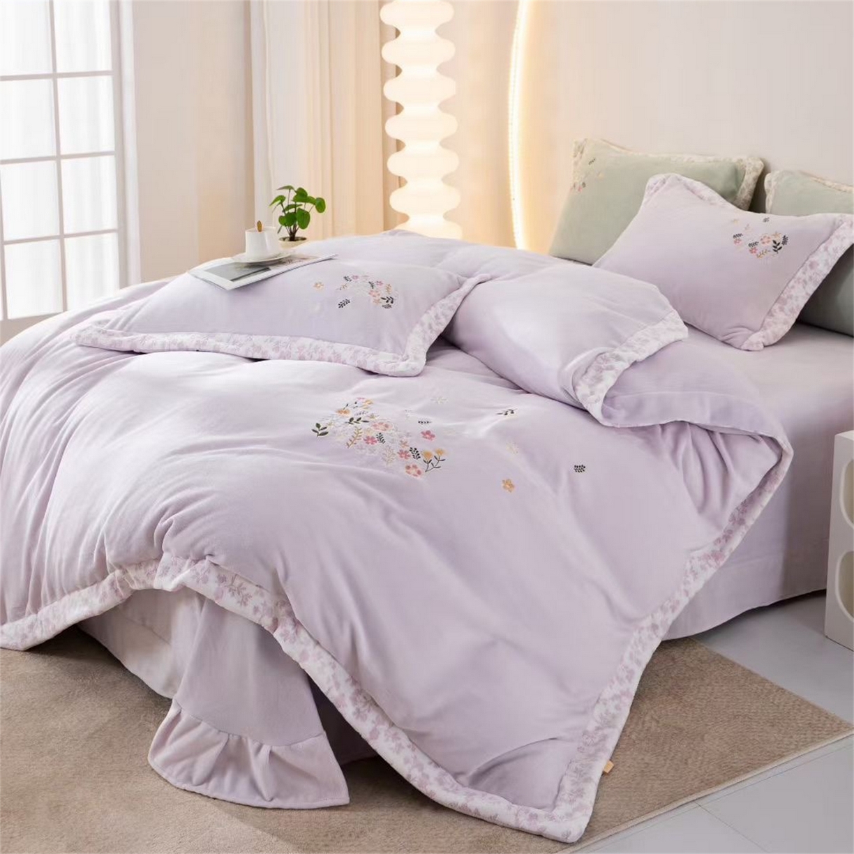 91家纺网 家纺一手货源 找家纺 玖琳家纺 2025新款双面240克全消牛奶绒铂金牛奶绒四件套-漫影系列 香芋紫