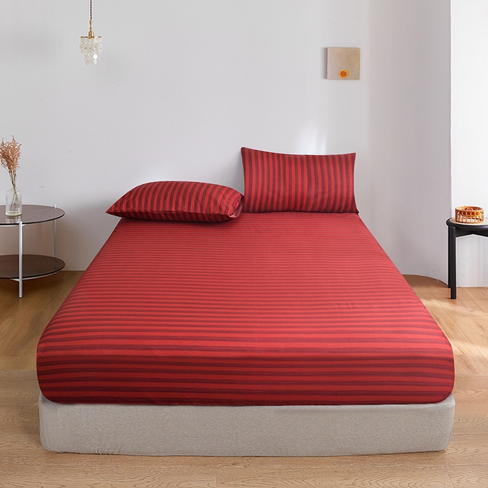 柏钧家纺 2025新款跨境外贸日式无印风单层条纹单品床笠 红