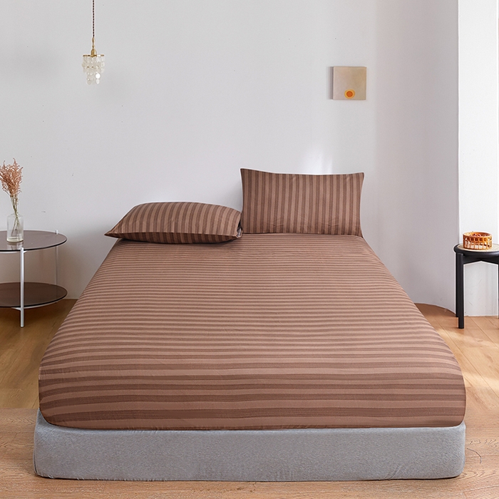 柏钧家纺 2025新款跨境外贸日式无印风单层条纹单品床笠 咖