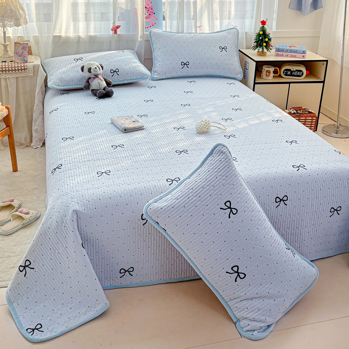 91家纺网 家纺一手货源 找家纺 恒尚居 2025新款双层纱牛奶绒床盖双面两用夹棉床单床垫-秋冬款 四季通用 海盐蝴蝶结【A双层纱-B牛奶绒】