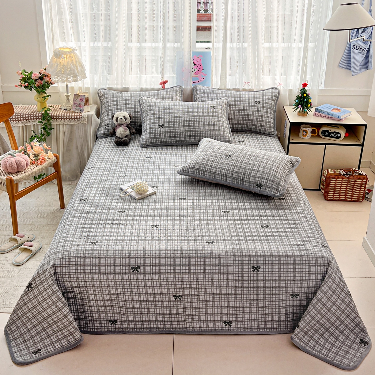 恒尚居 2025新款双层纱牛奶绒床盖双面两用夹棉床单床垫-秋冬款 四季通用 时光蝴蝶结-灰【A双层纱-B牛奶绒】