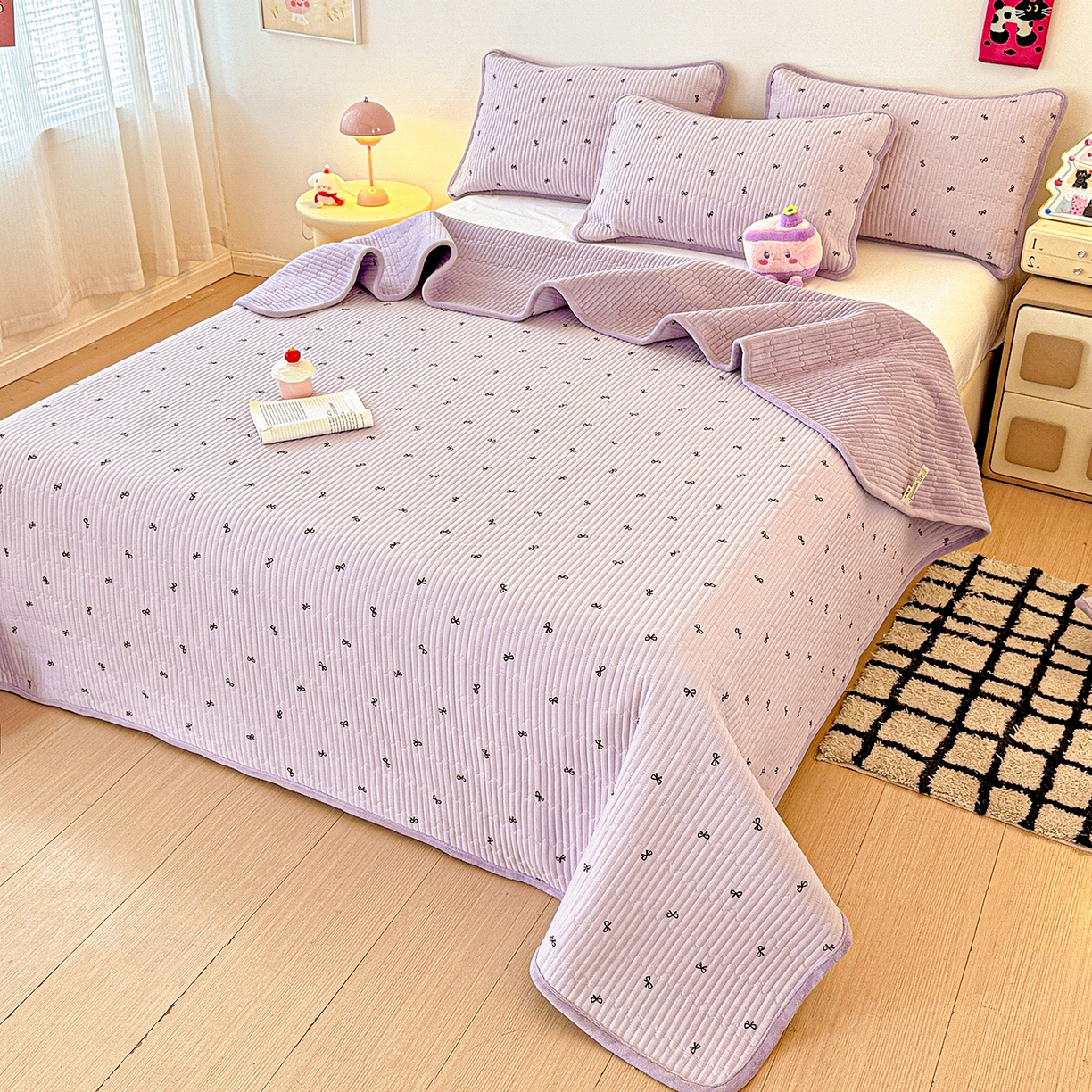 91家纺网 家纺一手货源 找家纺 恒尚居 2025新款双层纱牛奶绒床盖双面两用夹棉床单床垫-秋冬款 四季通用 紫萱【A双层纱-B牛奶绒】