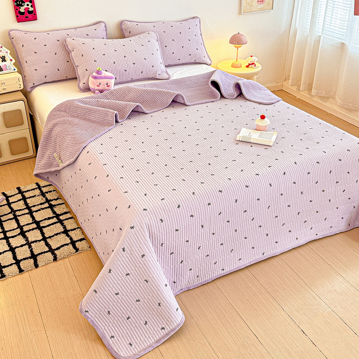 91家纺网 家纺一手货源 找家纺 恒尚居 2025新款双层纱牛奶绒床盖双面两用夹棉床单床垫-秋冬款 四季通用 紫萱【A双层纱-B牛奶绒】