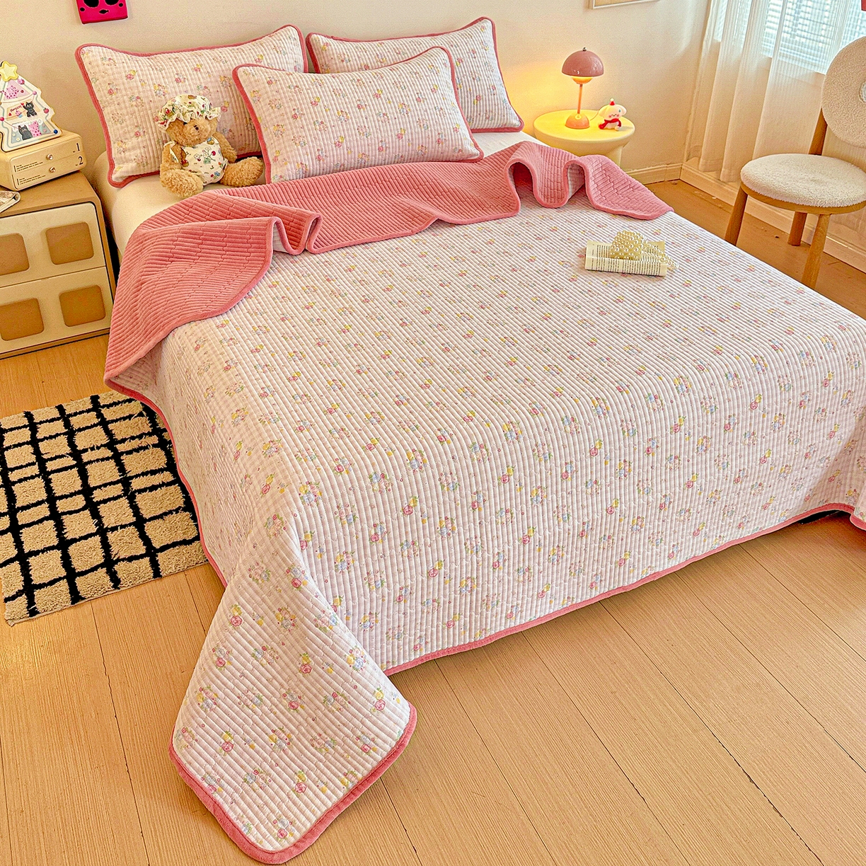 91家纺网 家纺一手货源 找家纺 恒尚居 2025新款双层纱牛奶绒床盖双面两用夹棉床单床垫-秋冬款 四季通用 美好时光【A双层纱-B牛奶绒】