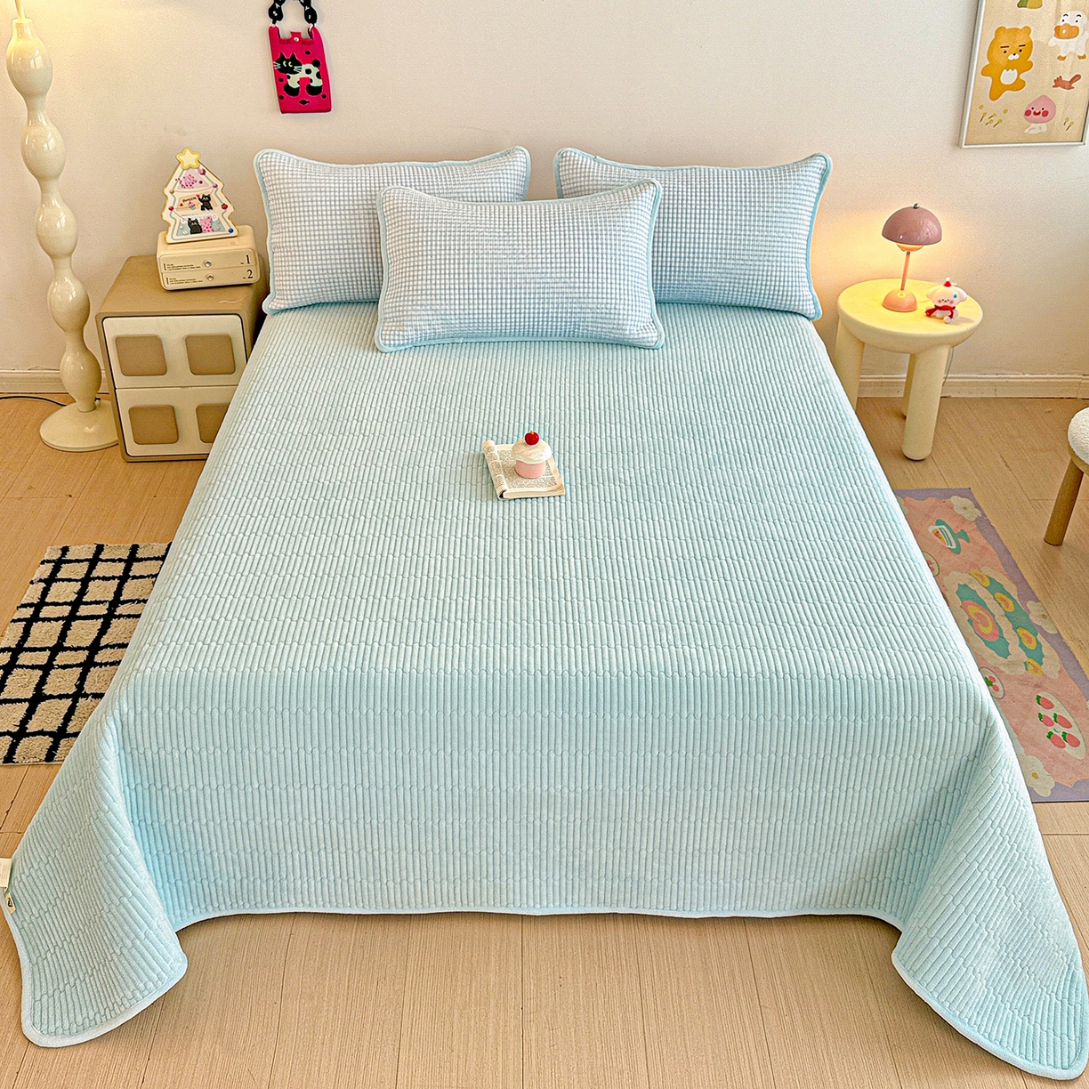 恒尚居 2025新款双层纱牛奶绒床盖双面两用夹棉床单床垫-秋冬款 四季通用 天蓝格【A双层纱-B牛奶绒】