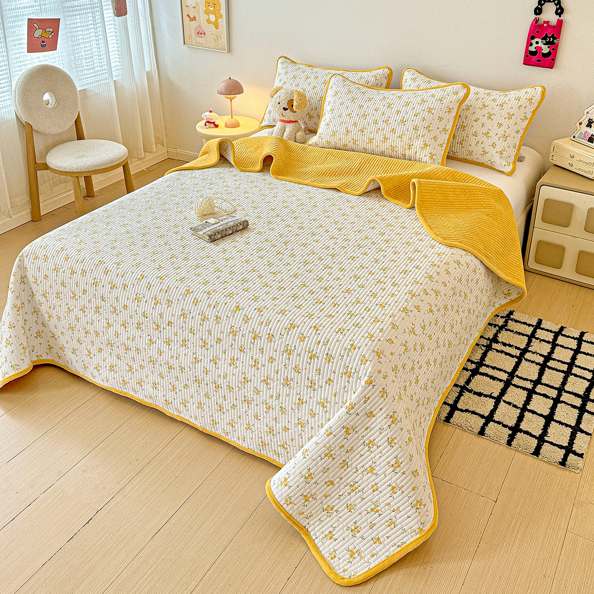 91家纺网 家纺一手货源 找家纺 恒尚居 2025新款双层纱牛奶绒床盖双面两用夹棉床单床垫-秋冬款 四季通用 春日繁花【A双层纱-B牛奶绒】