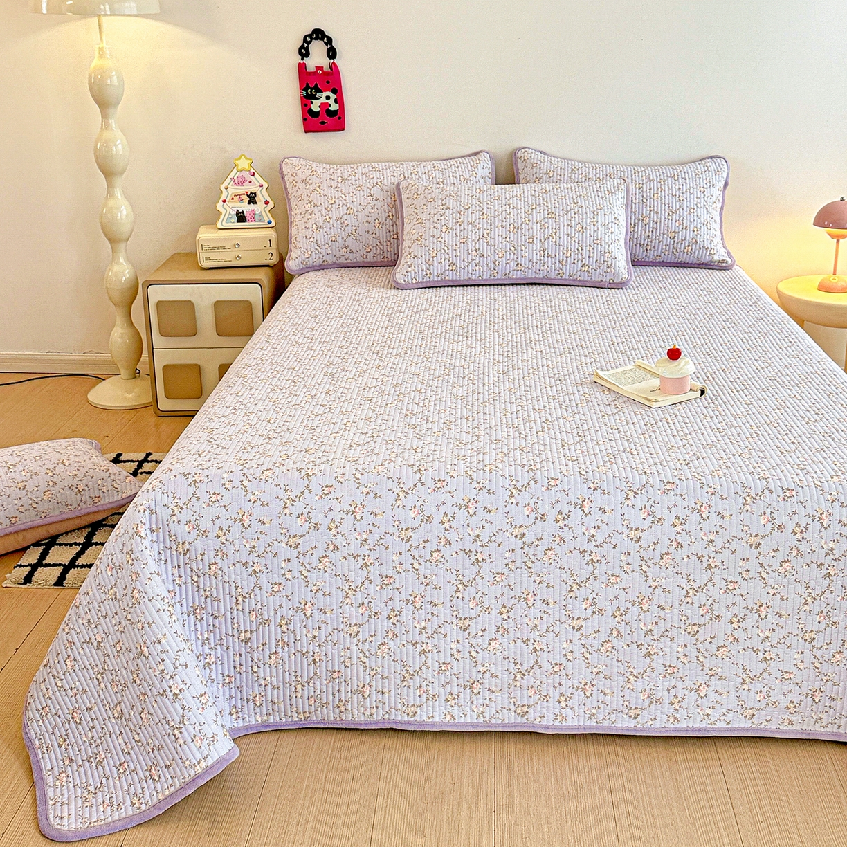 91家纺网 家纺一手货源 找家纺 恒尚居 2025新款双层纱牛奶绒床盖双面两用夹棉床单床垫-秋冬款 四季通用 紫藤花【A双层纱-B牛奶绒】