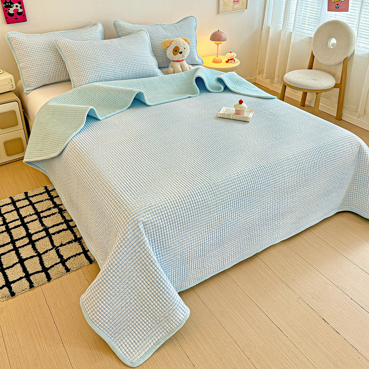 91家纺网 家纺一手货源 找家纺 恒尚居 2025新款双层纱牛奶绒床盖双面两用夹棉床单床垫-秋冬款 四季通用 天蓝格【A双层纱-B牛奶绒】