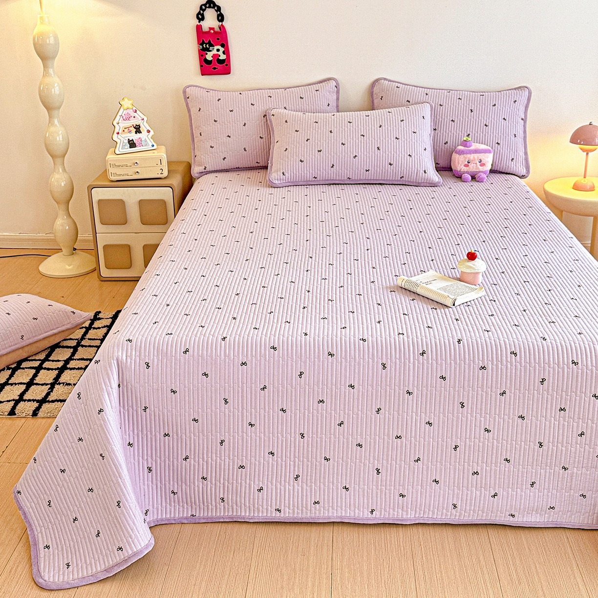 91家纺网 家纺一手货源 找家纺 恒尚居 2025新款双层纱牛奶绒床盖双面两用夹棉床单床垫-秋冬款 四季通用 紫萱【A双层纱-B牛奶绒】