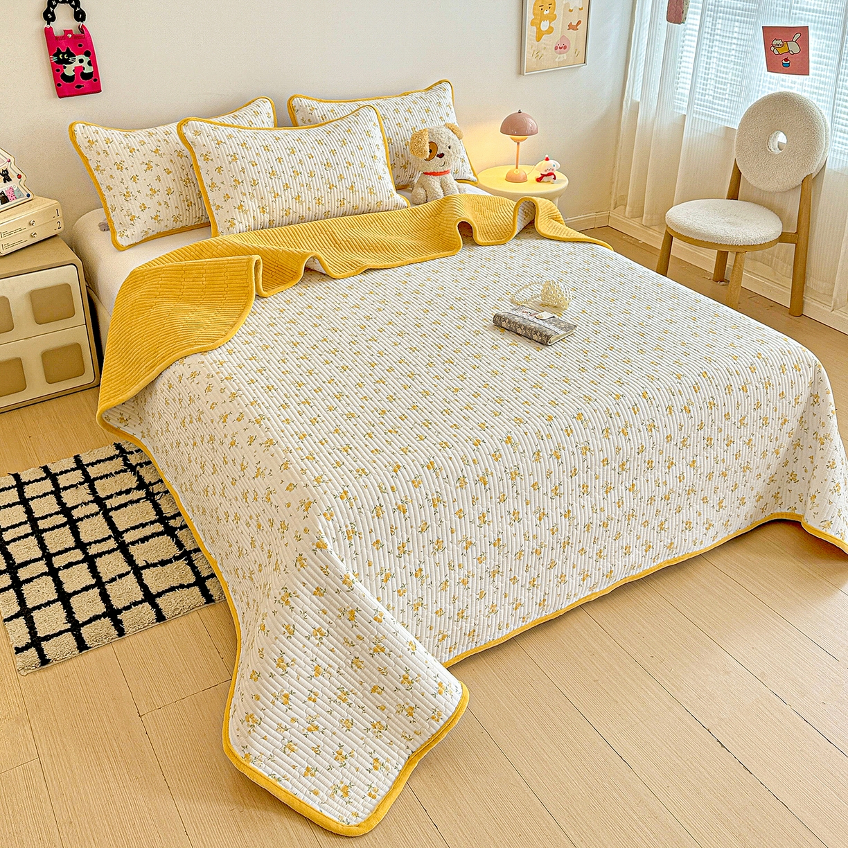 91家纺网 家纺一手货源 找家纺 恒尚居 2025新款双层纱牛奶绒床盖双面两用夹棉床单床垫-秋冬款 四季通用 春日繁花【A双层纱-B牛奶绒】