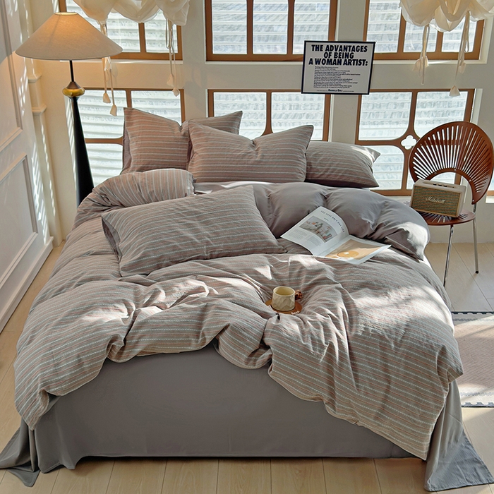 91家纺网 家纺一手货源 找家纺 全美家居 2025新款全棉纯棉色织提花水洗四件套 藤棕谧意