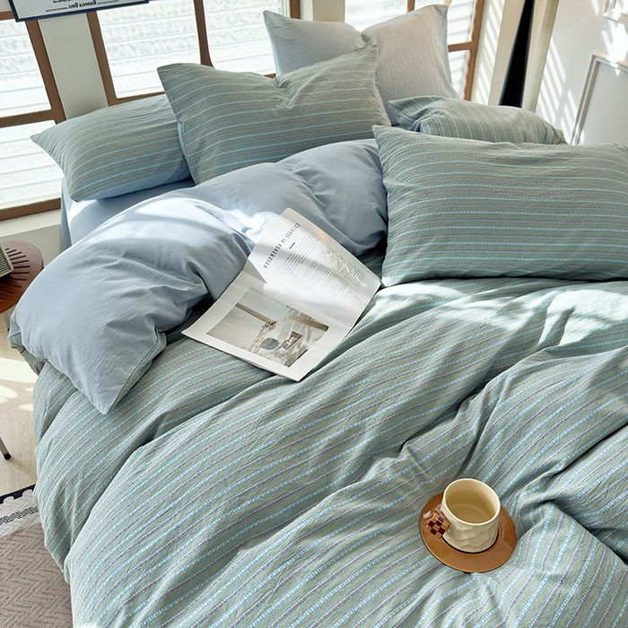 91家纺网 家纺一手货源 找家纺 全美家居 2025新款全棉纯棉色织提花水洗四件套 浅霭雅眠