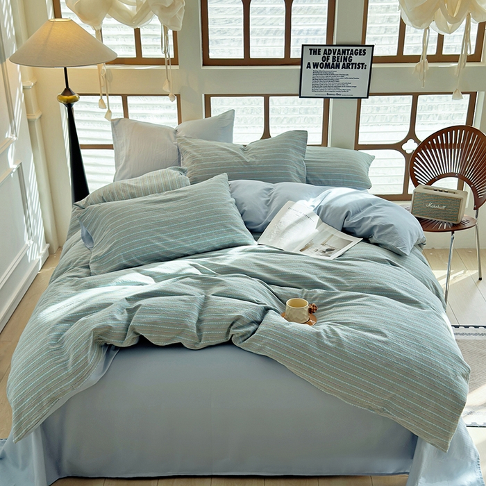 91家纺网 家纺一手货源 找家纺 全美家居 2025新款全棉纯棉色织提花水洗四件套 浅霭雅眠