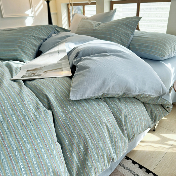 91家纺网 家纺一手货源 找家纺 全美家居 2025新款全棉纯棉色织提花水洗四件套 浅霭雅眠