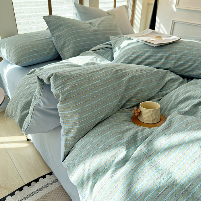 91家纺网 家纺一手货源 找家纺 全美家居 2025新款全棉纯棉色织提花水洗四件套 浅霭雅眠