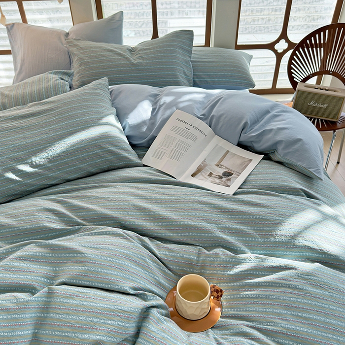 91家纺网 家纺一手货源 找家纺 全美家居 2025新款全棉纯棉色织提花水洗四件套 浅霭雅眠