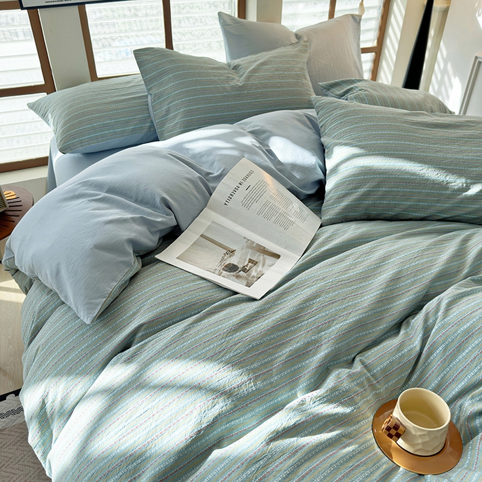 91家纺网 家纺一手货源 找家纺 全美家居 2025新款全棉纯棉色织提花水洗四件套 浅霭雅眠