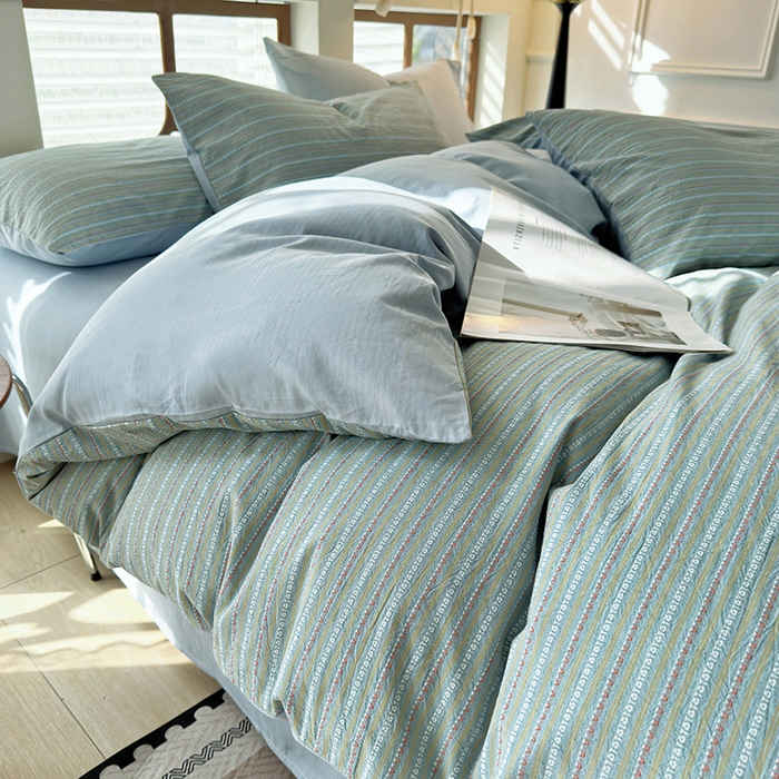 91家纺网 家纺一手货源 找家纺 全美家居 2025新款全棉纯棉色织提花水洗四件套 浅霭雅眠