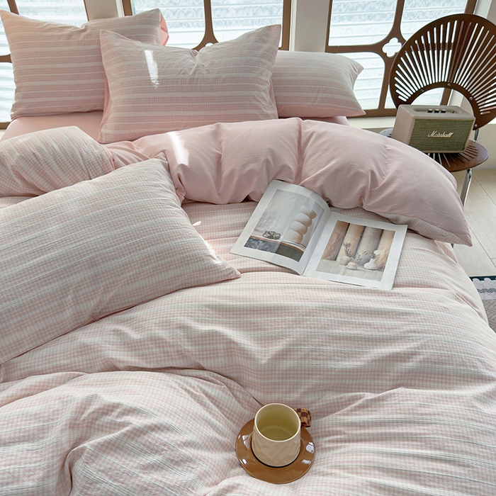 91家纺网 家纺一手货源 找家纺 全美家居 2025新款全棉纯棉色织提花水洗四件套 粉黛佳人