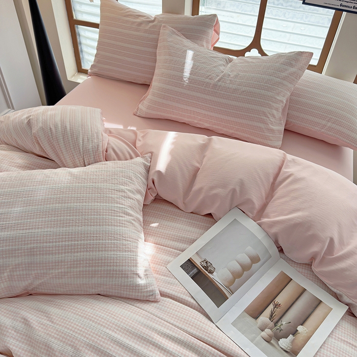 91家纺网 家纺一手货源 找家纺 全美家居 2025新款全棉纯棉色织提花水洗四件套 粉黛佳人