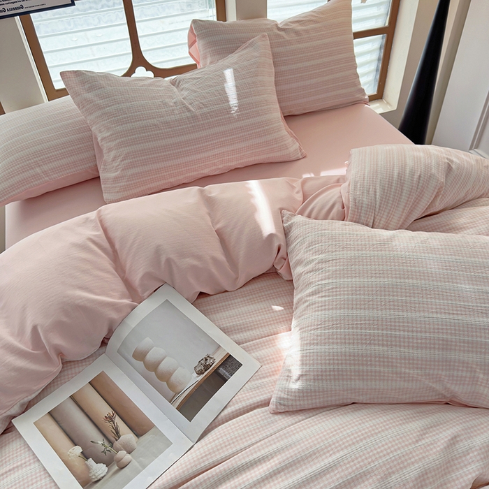 91家纺网 家纺一手货源 找家纺 全美家居 2025新款全棉纯棉色织提花水洗四件套 粉黛佳人