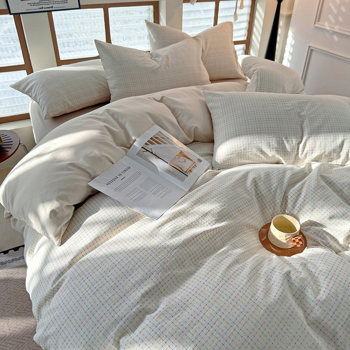 91家纺网 家纺一手货源 找家纺 全美家居 2025新款全棉纯棉色织提花水洗四件套 彩虹波点