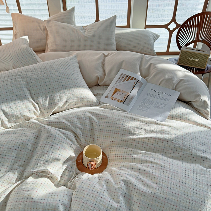 91家纺网 家纺一手货源 找家纺 全美家居 2025新款全棉纯棉色织提花水洗四件套 彩虹波点